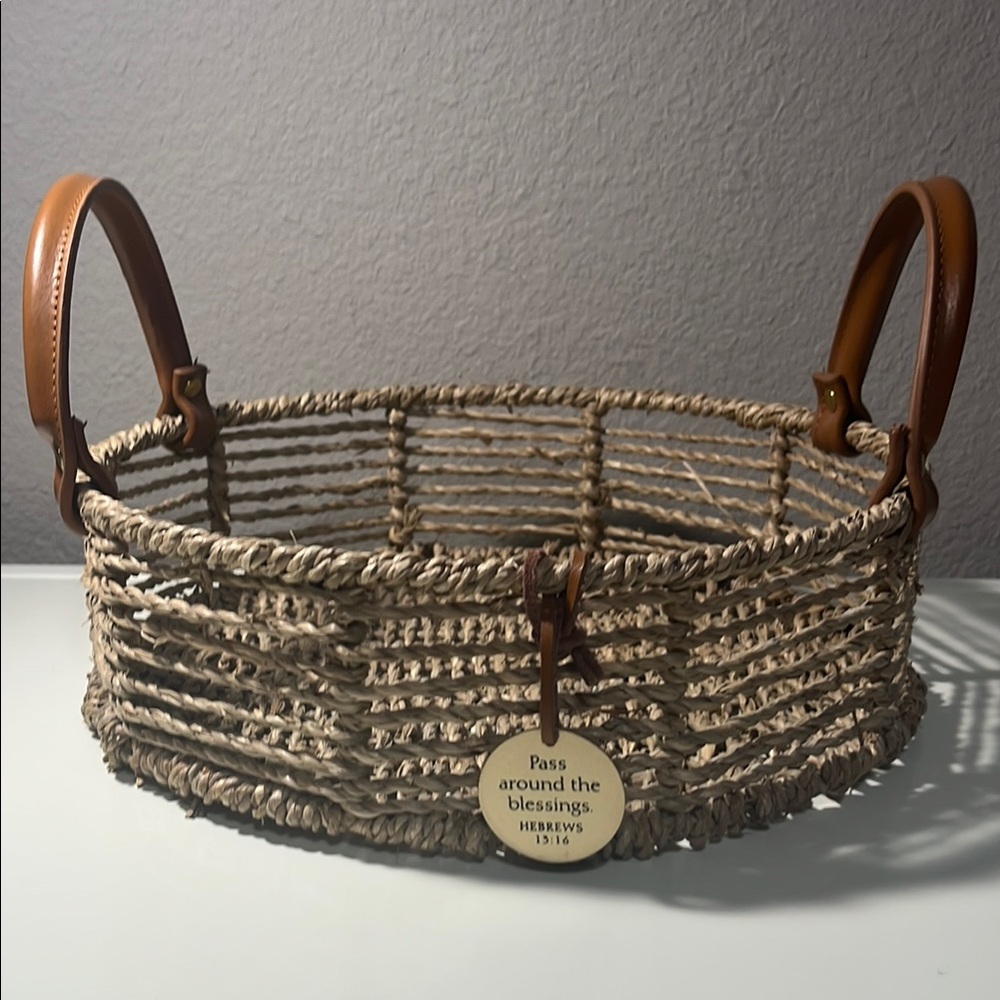 Natural Woven Basket with Brown Handles